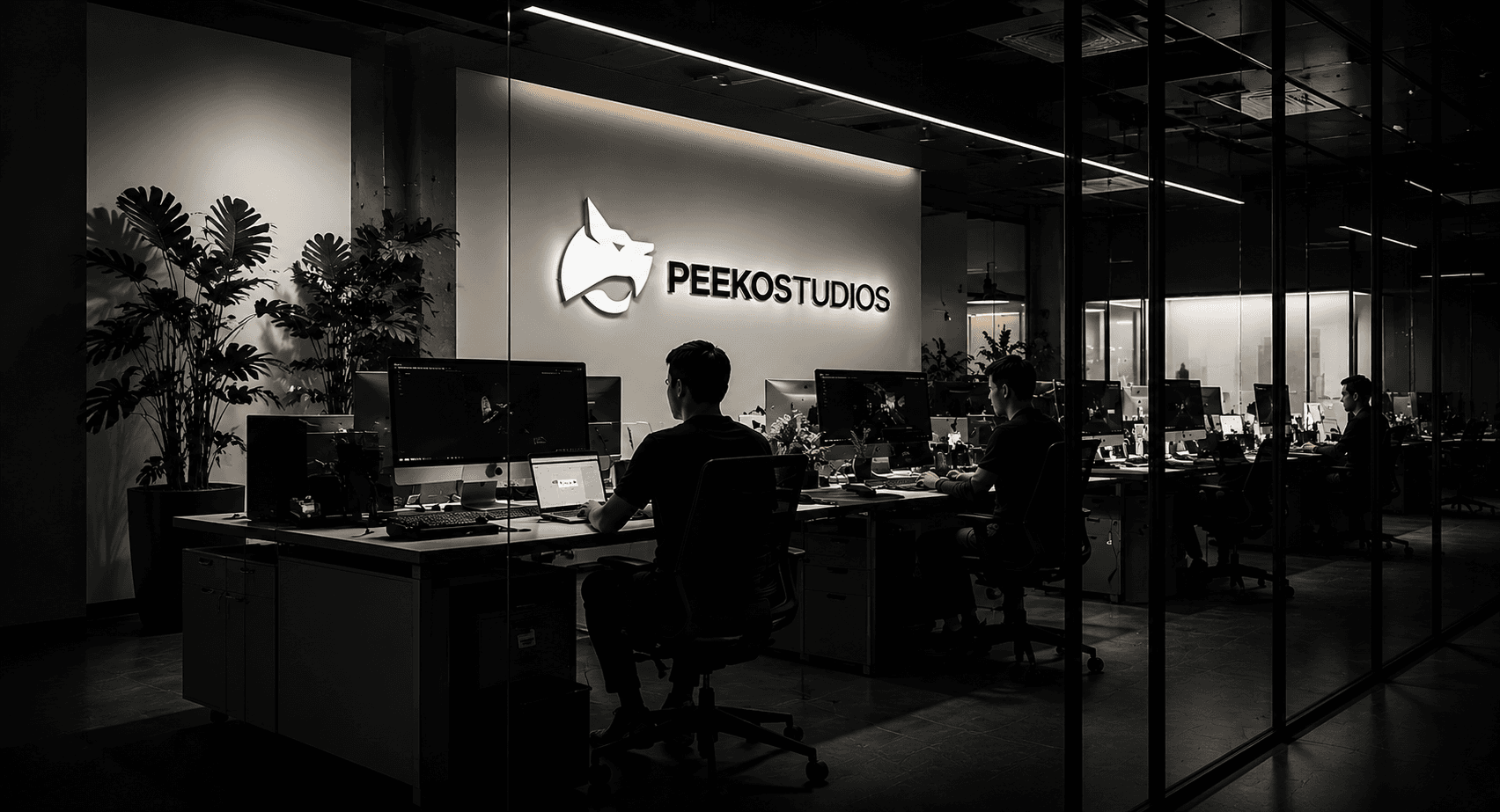 Inside the PeekoStudios studio — the team building at night beneath the illuminated wall mark